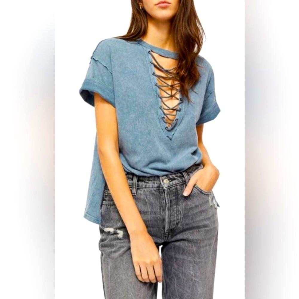 FREE PEOPLE Women's Lace Up Plunge V-Neck Split Hem Oversized Cotton Tee Size XS